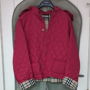 Burberry Crimson Quilted Jacket with Plaid Accents